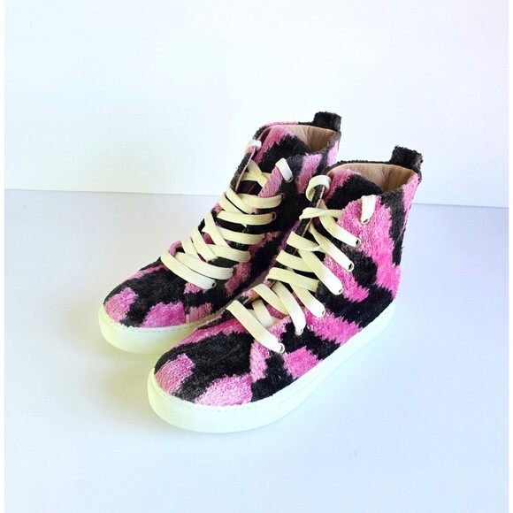 ELYSIAN Emily Morrison Ankara Ikat Silk Velvet High Top Sneakers 38 Pink Black - Picture 3 of 14